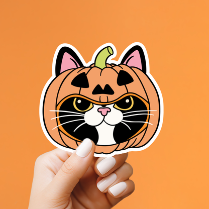 A hand with white manicured nails holds a die-cut sticker shaped like a pumpkin cat head. The sticker features an orange pumpkin body with black jack-o&