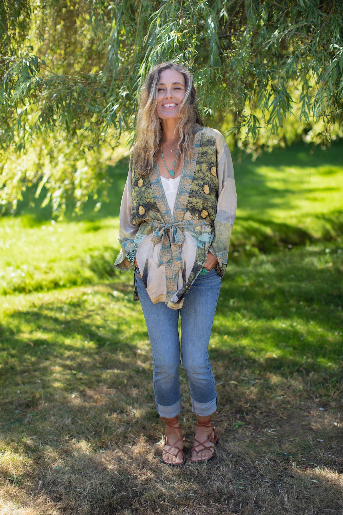 Tree of Life Bamboo Bohemian Kimono Cardigan with Belt