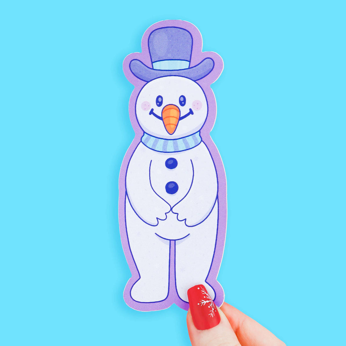 Snowman bookmark with a top hat on a blue background