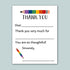 The image is a blank thank you card with a rainbow-colored pencil on the top left corner. The card has a blank space for a message and a blank space for a signature.