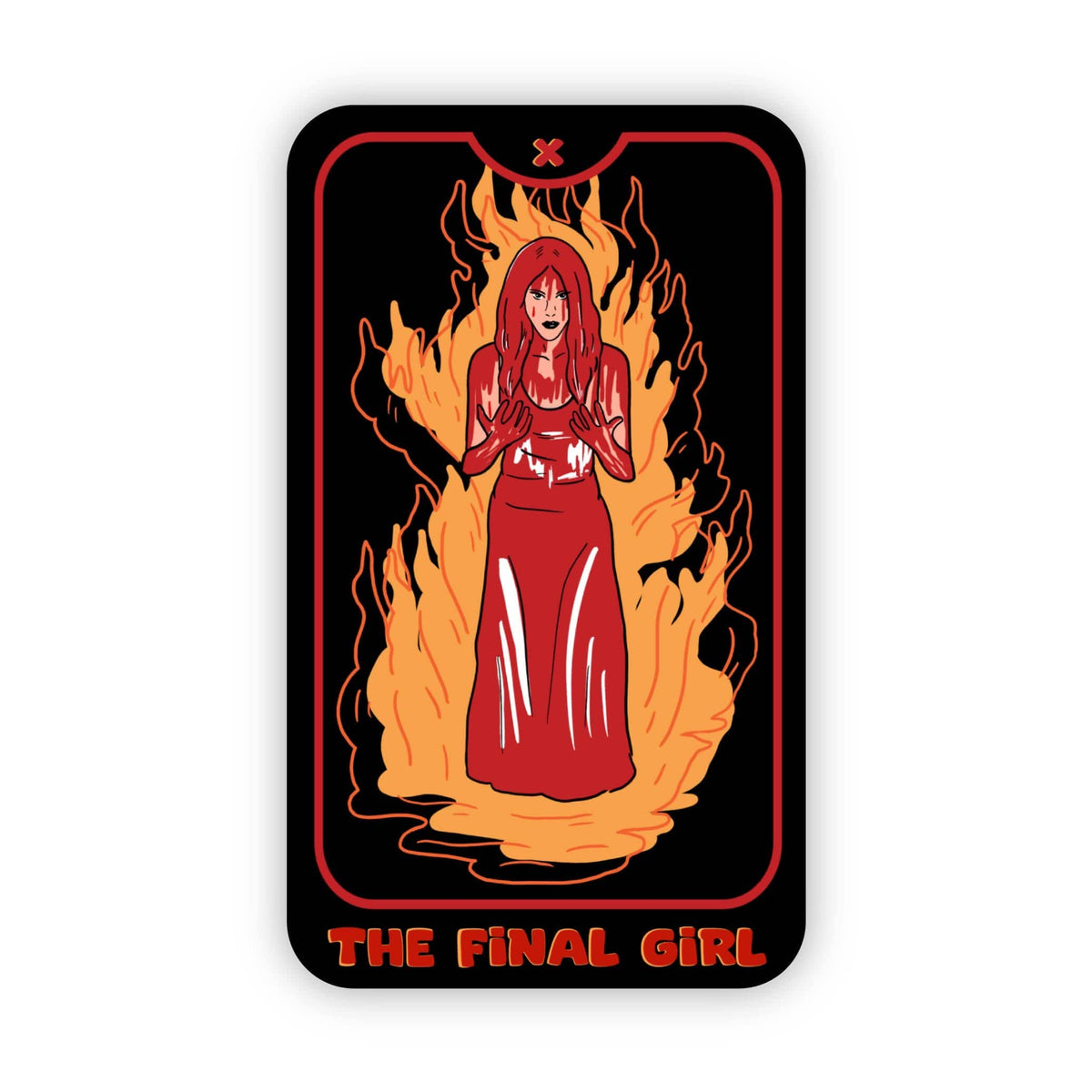 A tarot-style card featuring an illustrated red-haired woman in a red dress standing in flames on a black background, with the text &
