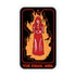 A tarot-style card featuring an illustrated red-haired woman in a red dress standing in flames on a black background, with the text &