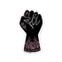 A die-cut vinyl sticker featuring a black raised fist decorated with pink floral and line-art details, shown on a plain white background.