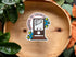 Sticker with a vintage radio design on a wooden surface with plants around
