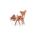 A die-cut sticker featuring an illustrated brown and white fawn wearing a red harness and pulling a red sleigh loaded with books, shown on a plain white background.