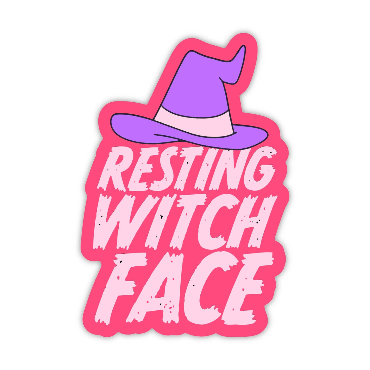A die-cut sticker featuring a cartoon purple witch hat above the words &