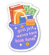 Sticker with books, money, and a purple bag with text on a white background