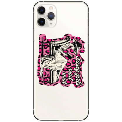 Phone case with pink leopard print and black and white design on a white background
