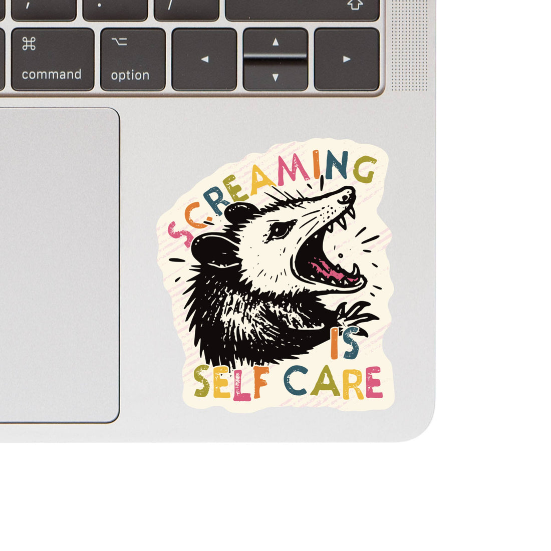 Sticker with an opossum illustration and text &