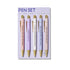 Set of five pens with gold accents on a purple card with text
