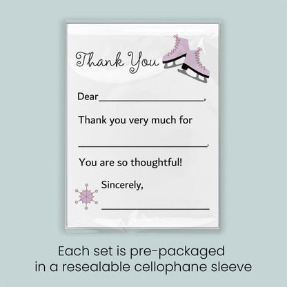 The image is a thank you card with a pair of pink skates and a snowflake graphic. Each set is pre-packaged in a resealable cellophane sleeve.