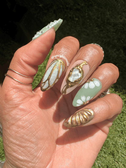 Moss and Moonlight – Sage Green and Gold Chrome Floral and Opal Elegant Press-On Nail Extensions 10pcs