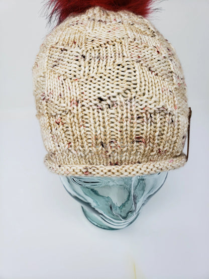 Beige Speckle Detachable Pom Pom Hat - Adult Size - Women&