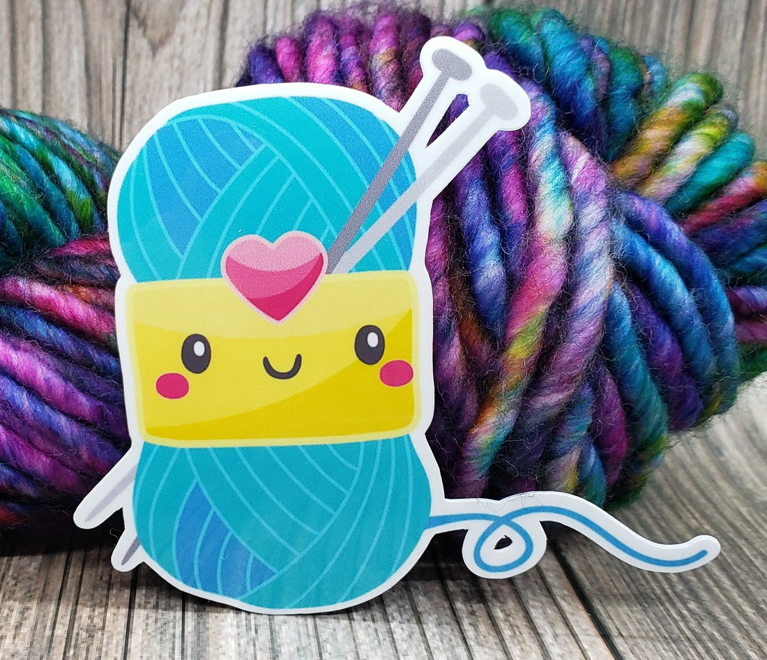 Cute Blue Yarn With Knitting Needles Vinyl Sticker