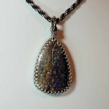 Boulder Opal Sterling Silver Pendant, 2.25 inch, Sapphire Accent, 24 inch Chain