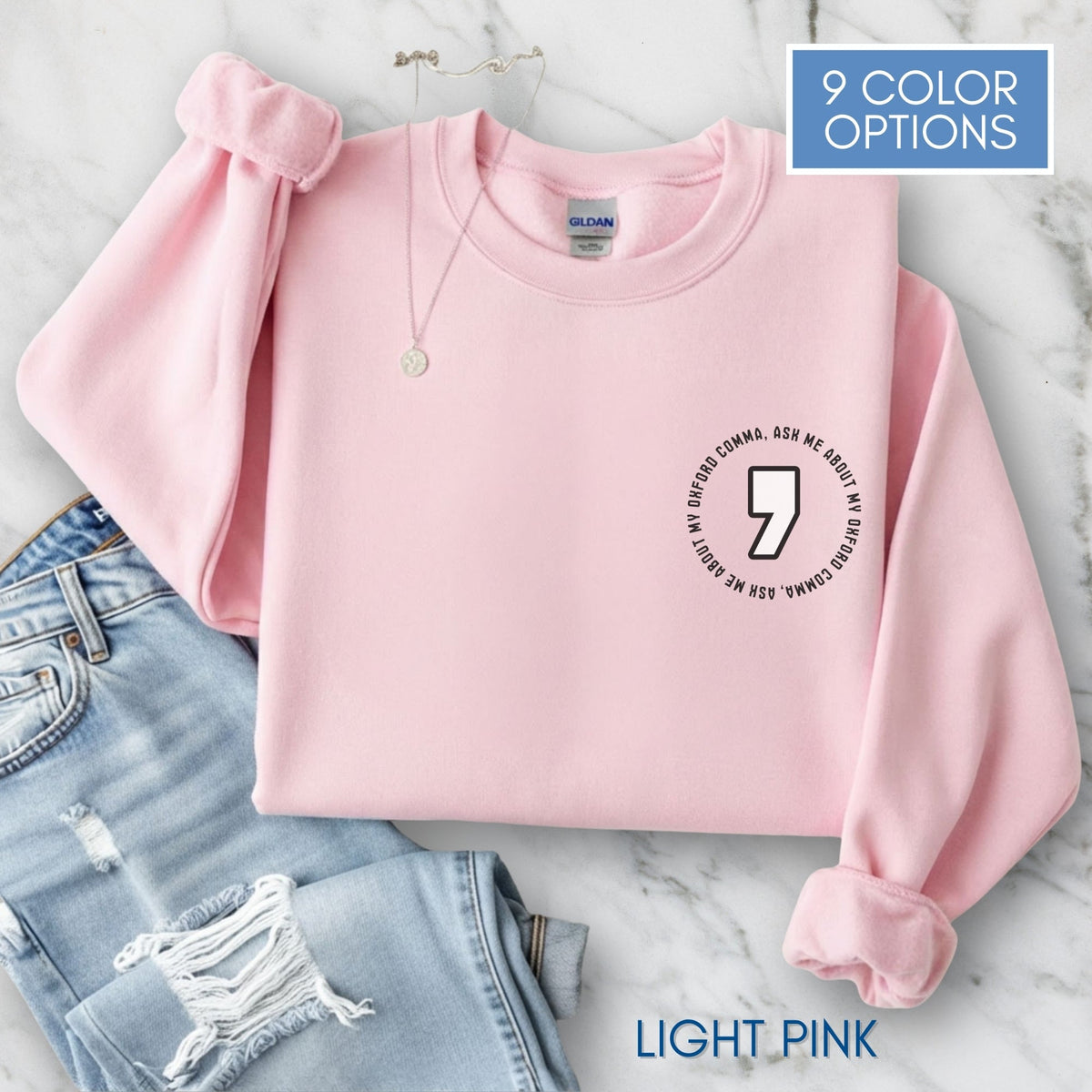 Oxford Comma Embroidered Crewneck Sweatshirt | Literary Apparel, English Language Pullover