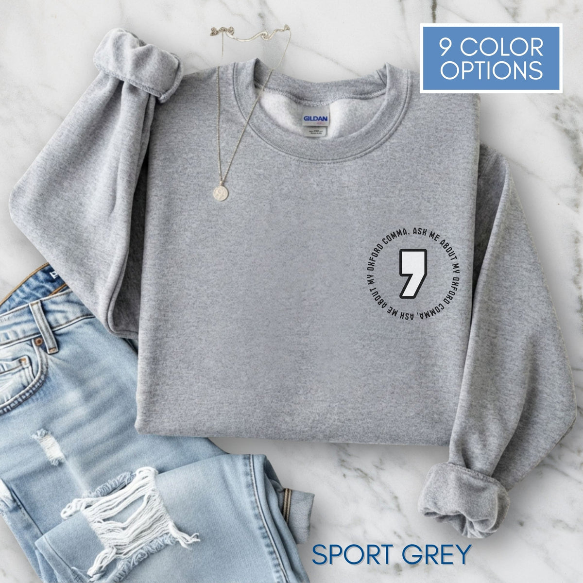 Oxford Comma Embroidered Crewneck Sweatshirt | Literary Apparel, English Language Pullover