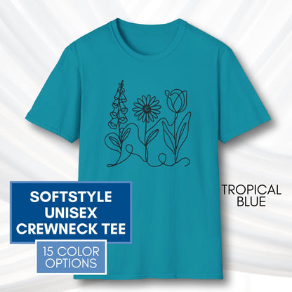 Foxglove Daisy Tulip Unisex Softstyle T-Shirt | Subtle FDT Flowers Cotton Tee (Solid Colors)