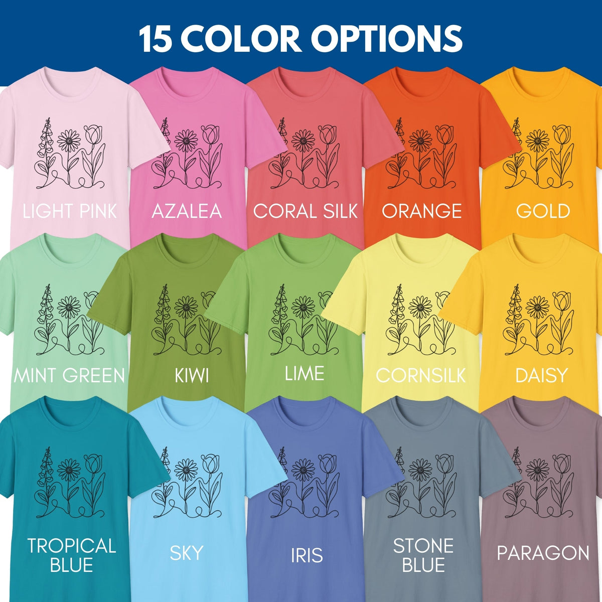 Foxglove Daisy Tulip Unisex Softstyle T-Shirt | Subtle FDT Flowers Cotton Tee (Solid Colors)