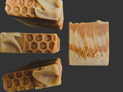 Close-up of soap bars with a textured surface and &