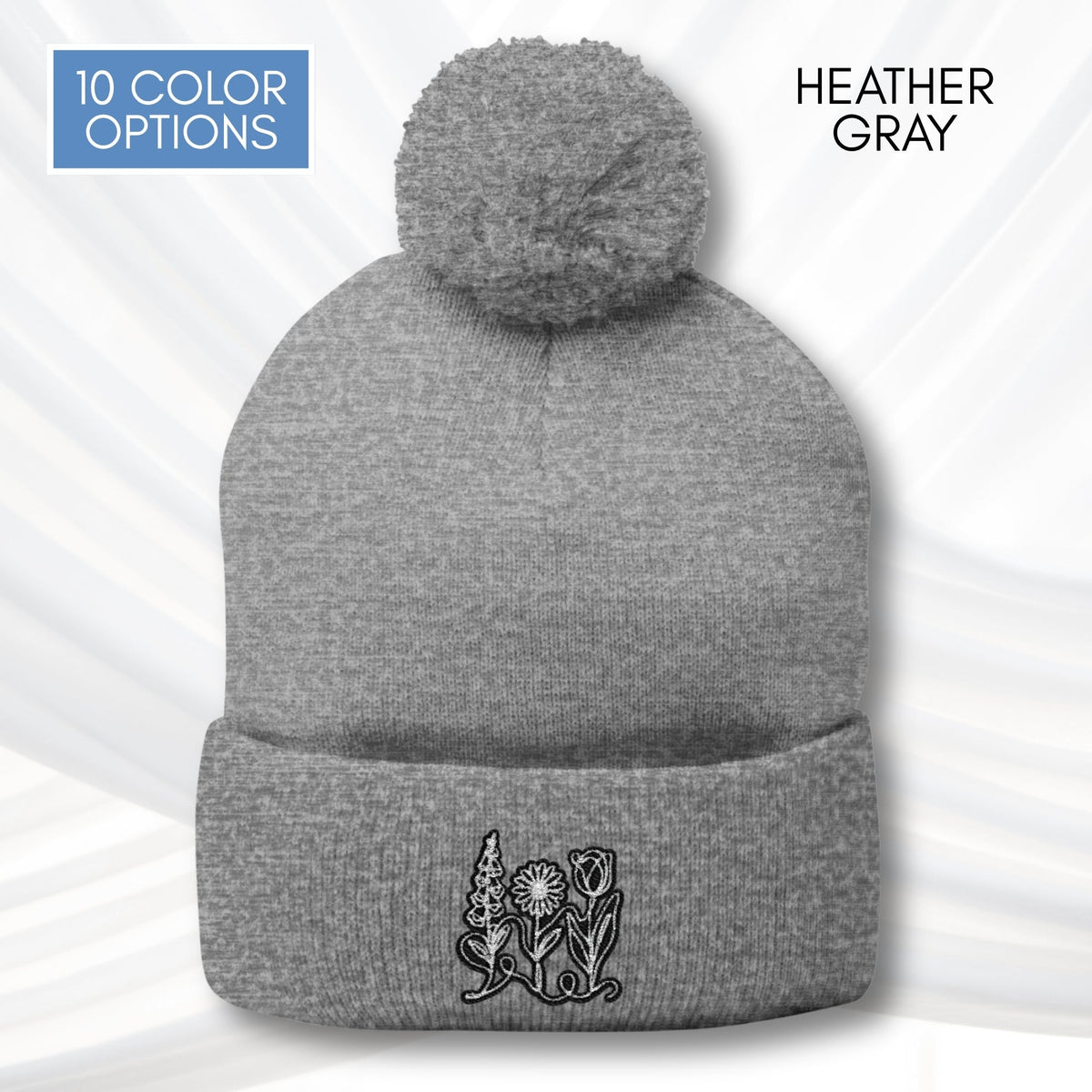 Foxglove Daisy Tulip Pom-Pom Knit Cap | Embroidered Subtle FDT Flowers Winter Hat