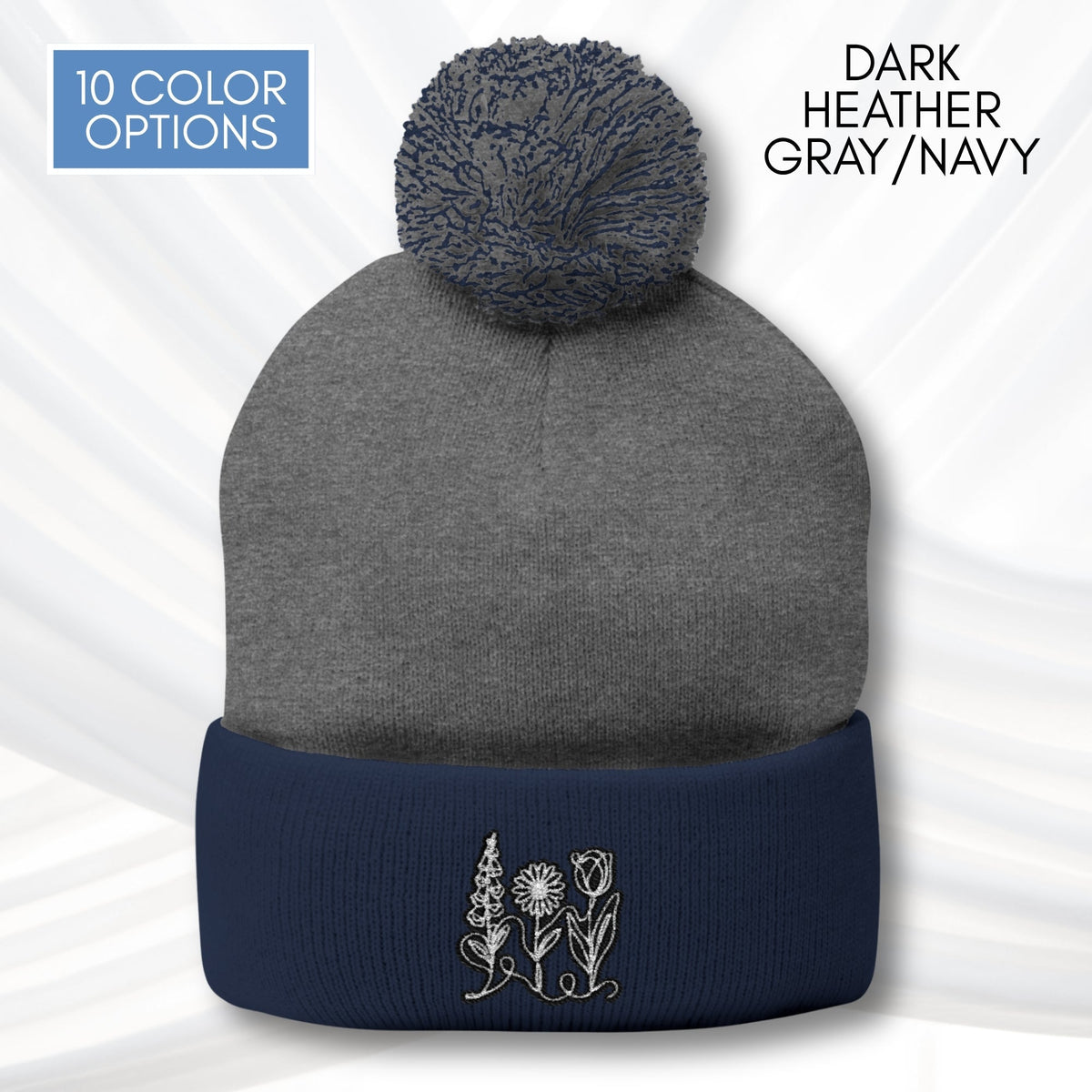 Foxglove Daisy Tulip Pom-Pom Knit Cap | Embroidered Subtle FDT Flowers Winter Hat