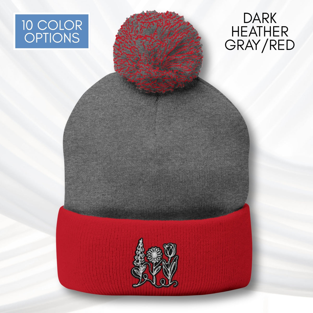 Foxglove Daisy Tulip Pom-Pom Knit Cap | Embroidered Subtle FDT Flowers Winter Hat