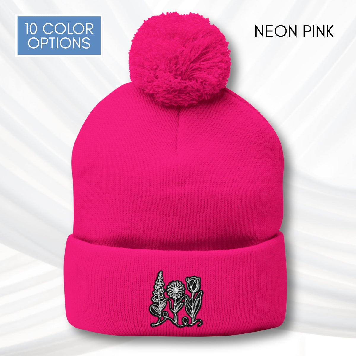 Foxglove Daisy Tulip Pom-Pom Knit Cap | Embroidered Subtle FDT Flowers Winter Hat