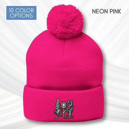 Foxglove Daisy Tulip Pom-Pom Knit Cap | Embroidered Subtle FDT Flowers Winter Hat