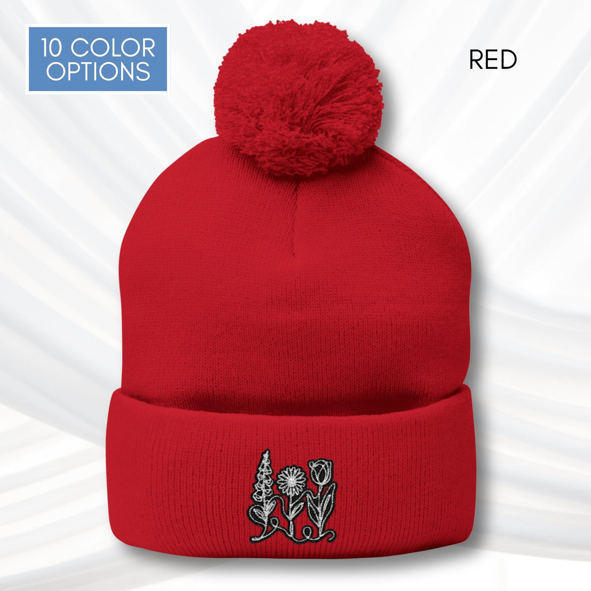 Foxglove Daisy Tulip Pom-Pom Knit Cap | Embroidered Subtle FDT Flowers Winter Hat