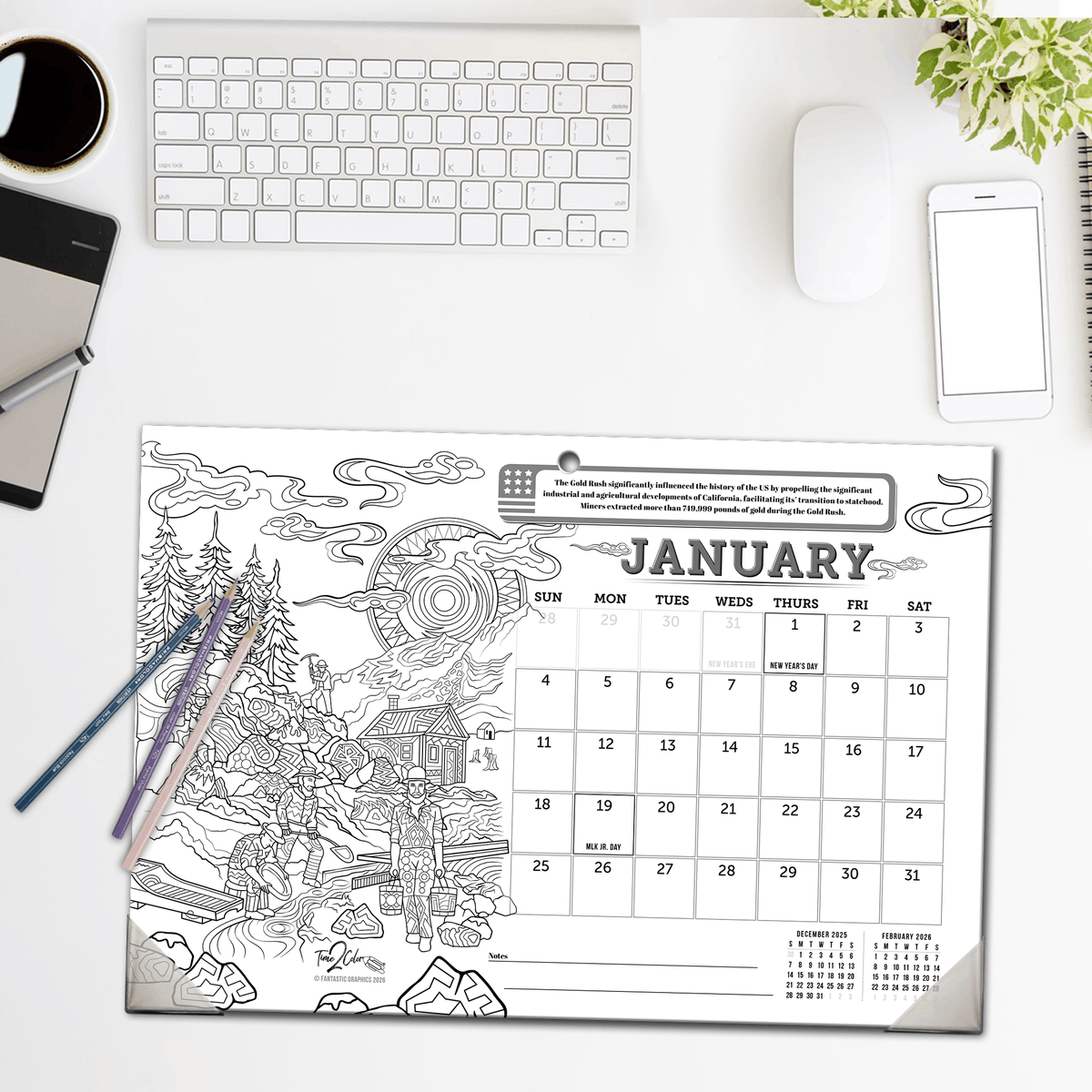 2027 Great Events in American History 19”x 13” Home Edition Desk Blotter/Wall Coloring Calendar