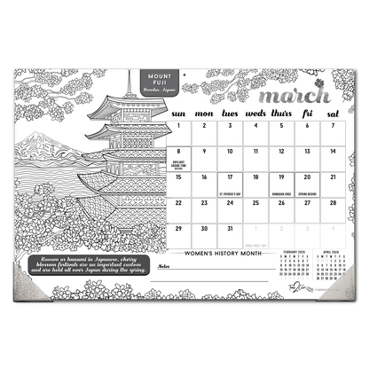 2027 Wonders Of The World 19” x 13” Home Edition Desk Blotter/Wall Coloring Calendar
