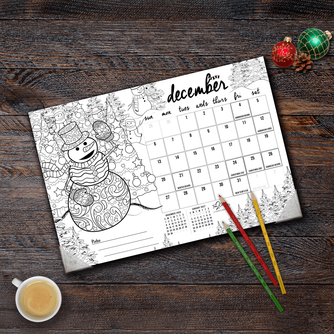 2027 “Christmas” Holiday 19” x 13” Home Edition Desk Blotter/Wall Coloring Calendar