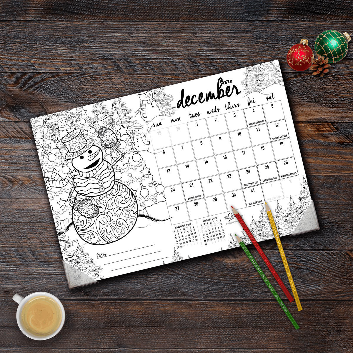 2027 “Christmas” Holiday 19” x 13” Home Edition Desk Blotter/Wall Coloring Calendar