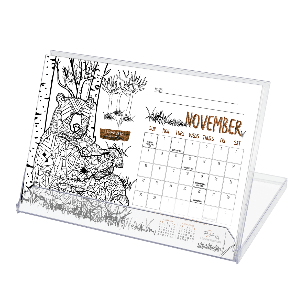 2027 Nature Standing Lucite Desktop Coloring Calendar (8.5” x 6”)