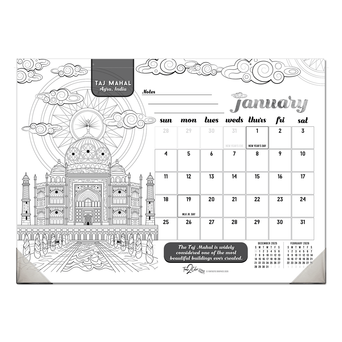 2027 Wonders Of The World 22” x 16” Office Edition Desk Blotter/Wall Coloring Calendar