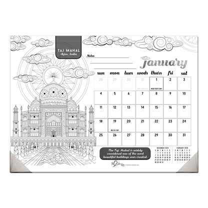 2027 Wonders Of The World 22” x 16” Office Edition Desk Blotter/Wall Coloring Calendar