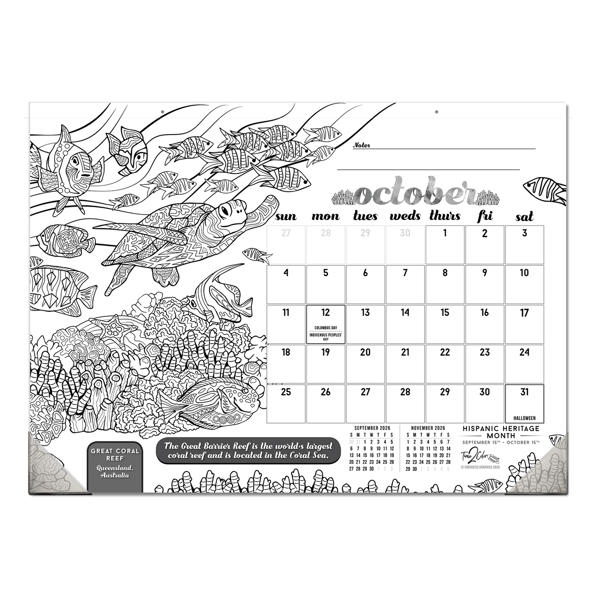2027 Wonders Of The World 22” x 16” Office Edition Desk Blotter/Wall Coloring Calendar