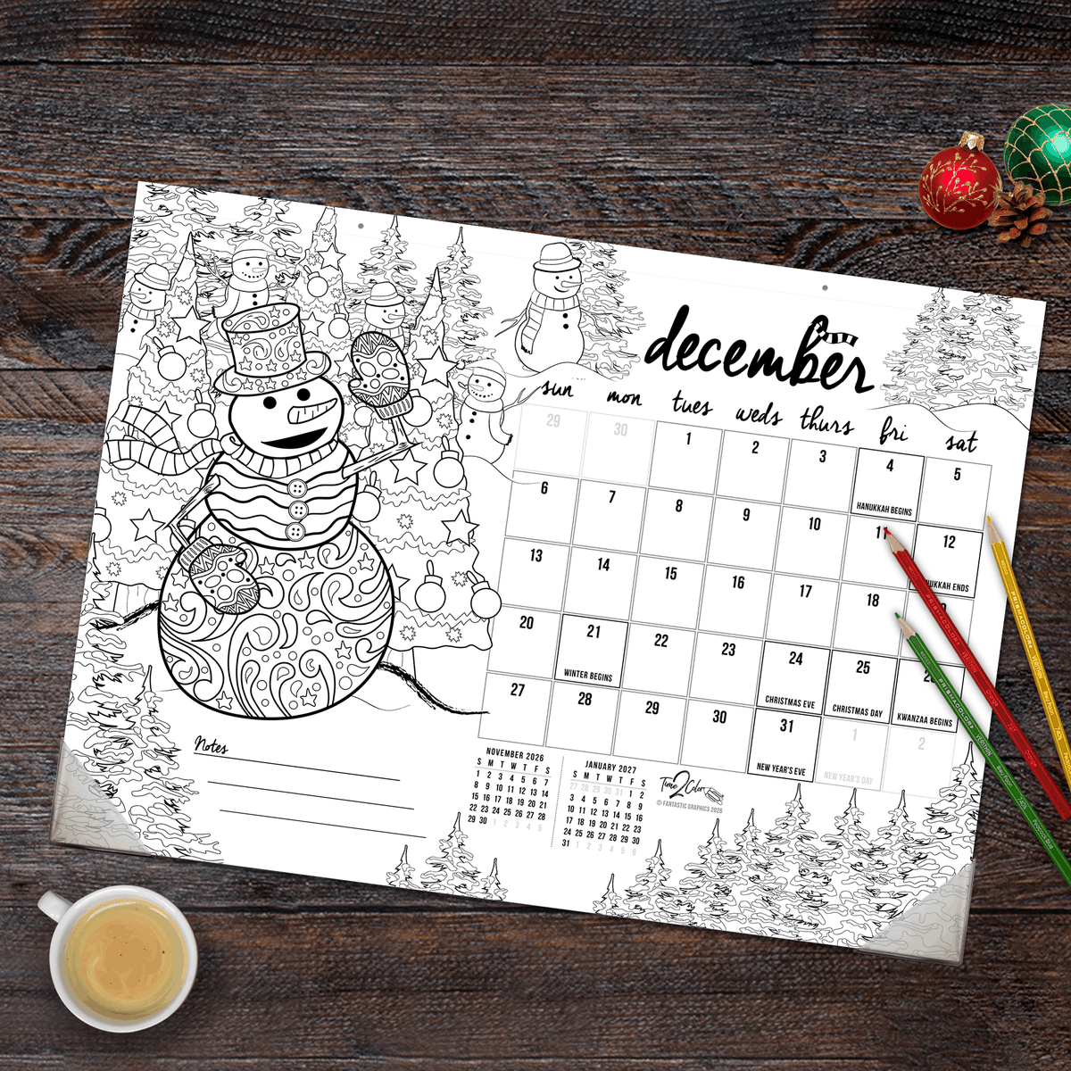 2027 “Christmas” Holiday 22” x 16” Office Edition Desk Blotter/Wall Coloring Calendar