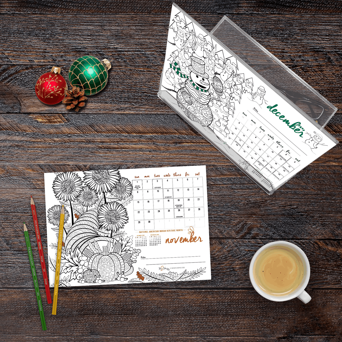 2027 “Christmas” Holiday Standing Lucite Desktop Coloring Calendar (8.5” x 6”)