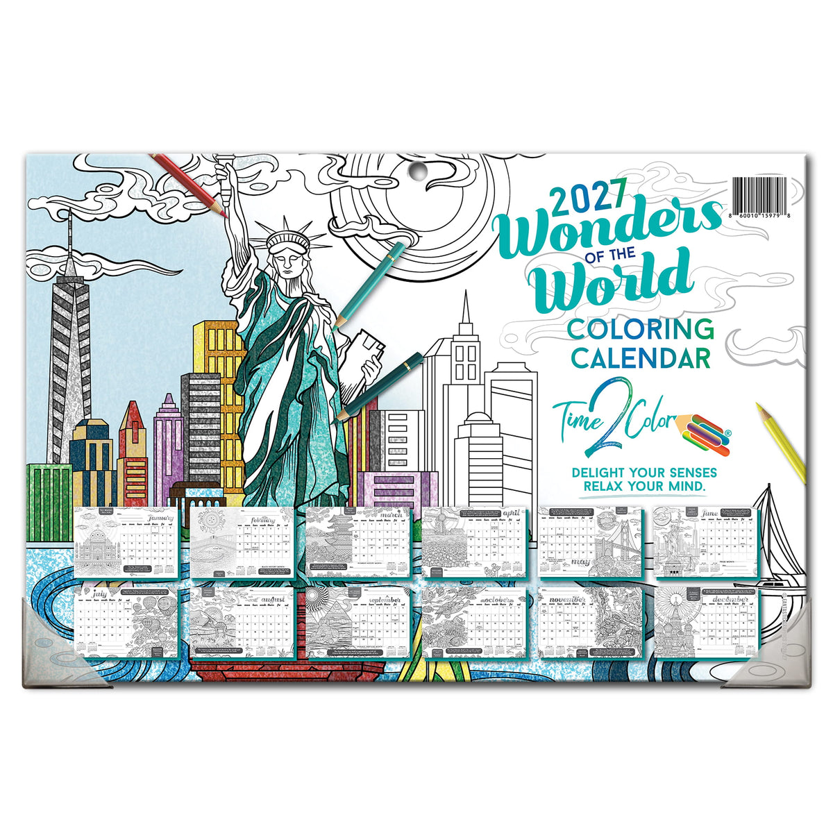 2027 Wonders Of The World 19” x 13” Home Edition Desk Blotter/Wall Coloring Calendar
