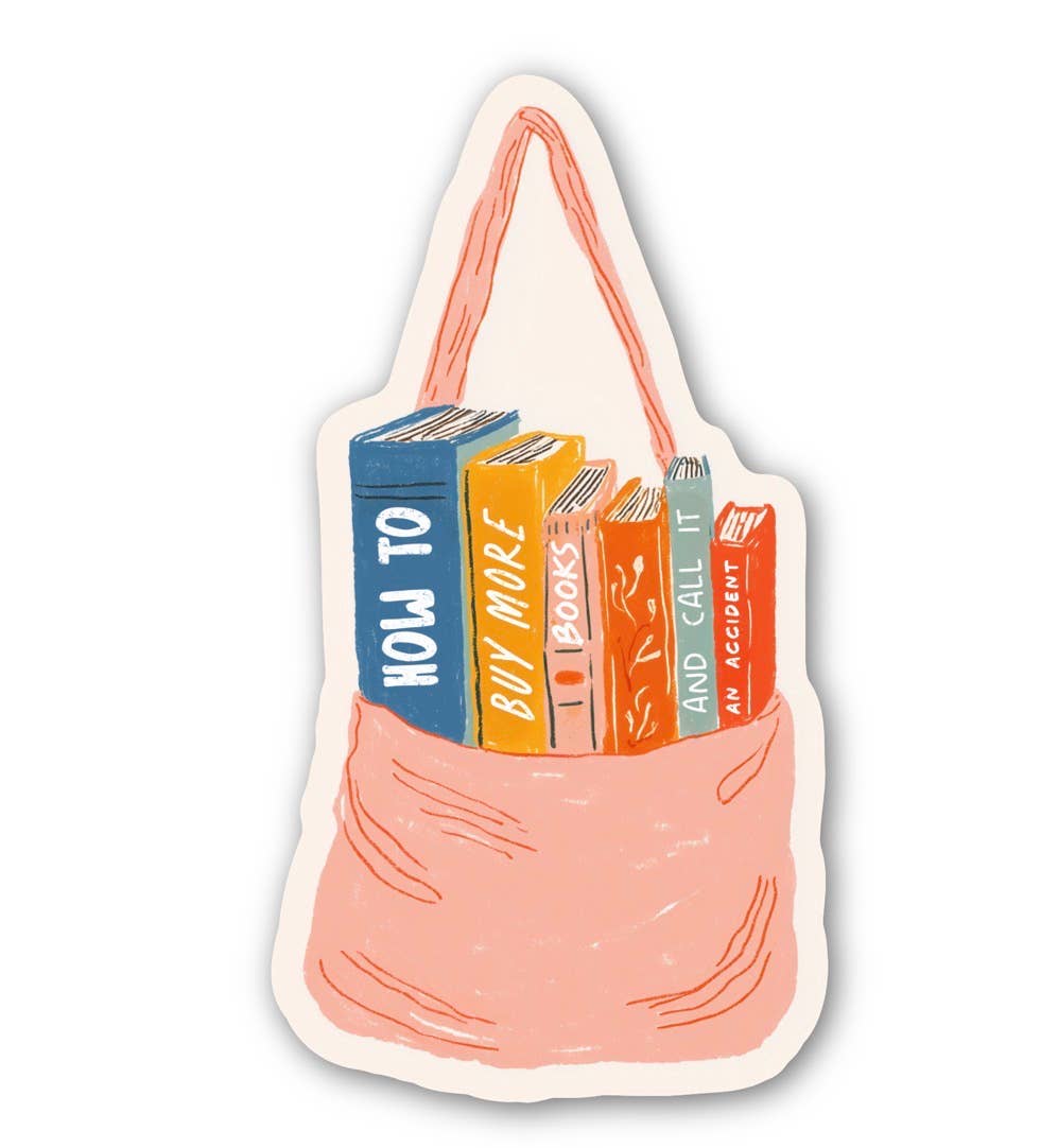 Sticker of a tote holding books with text &