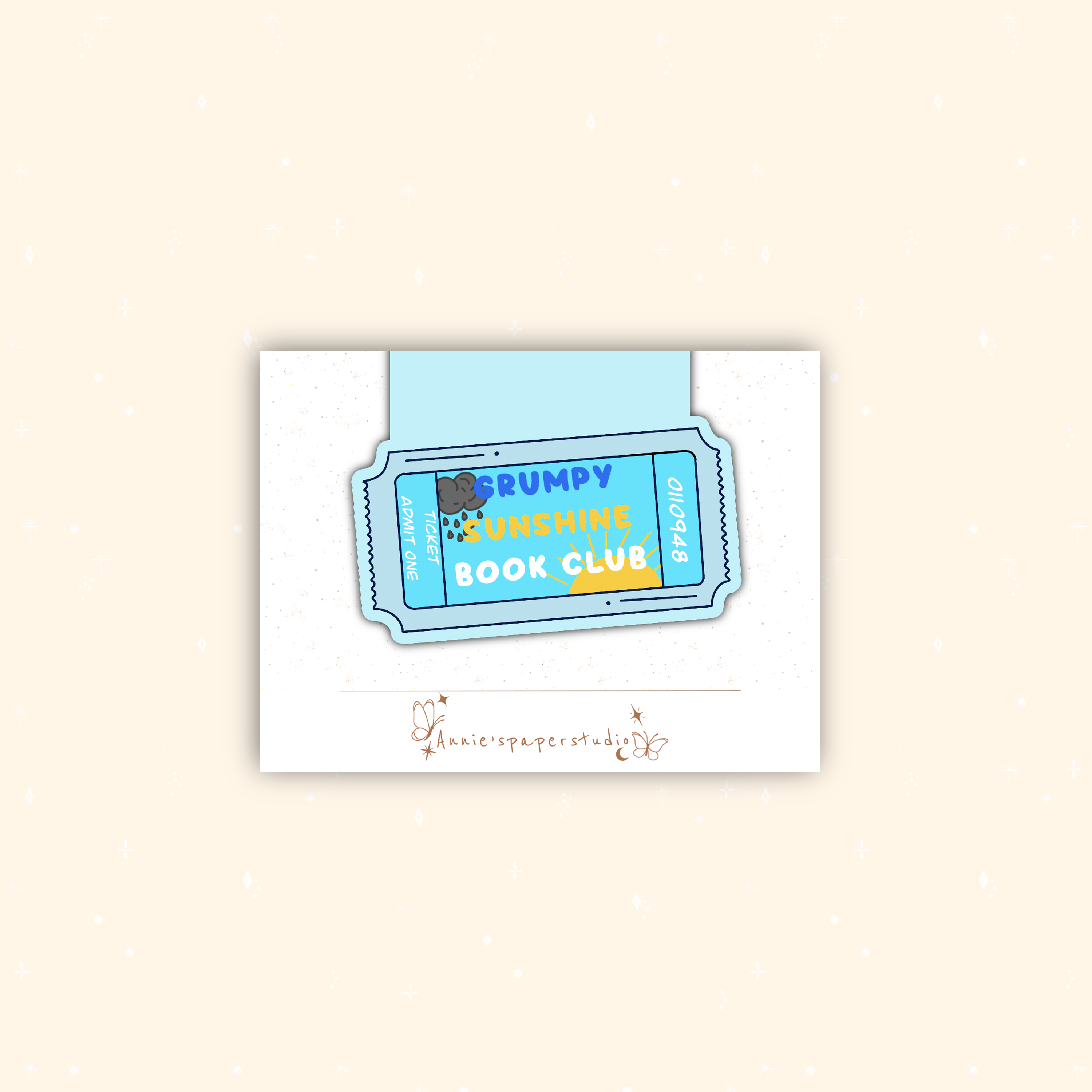 A square white card featuring a stylized blue and yellow ticket graphic that reads &