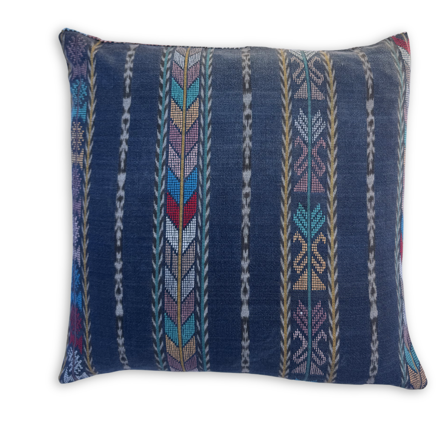 Decorative pillow with blue and multicolor pattern on a white background