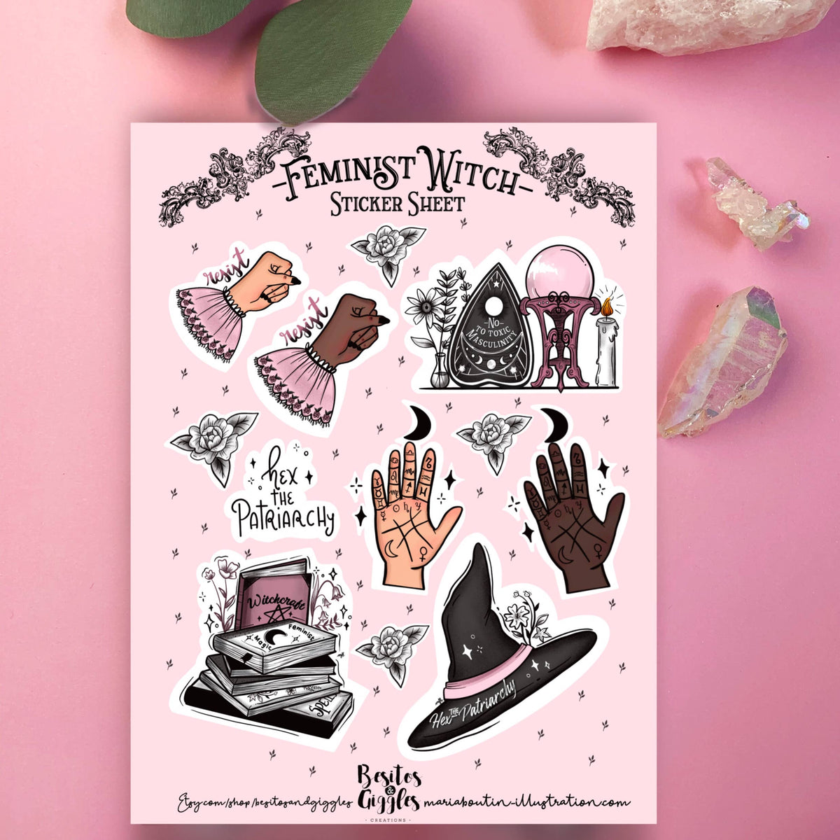 A pink sticker sheet titled &