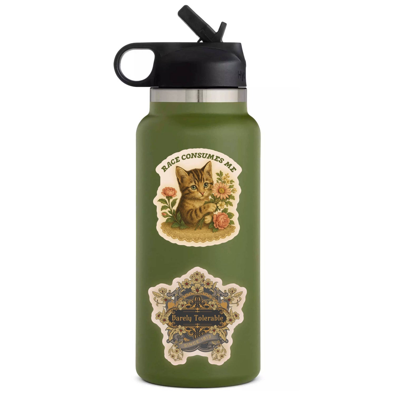 Green water bottle with cat illustration and text on a white background