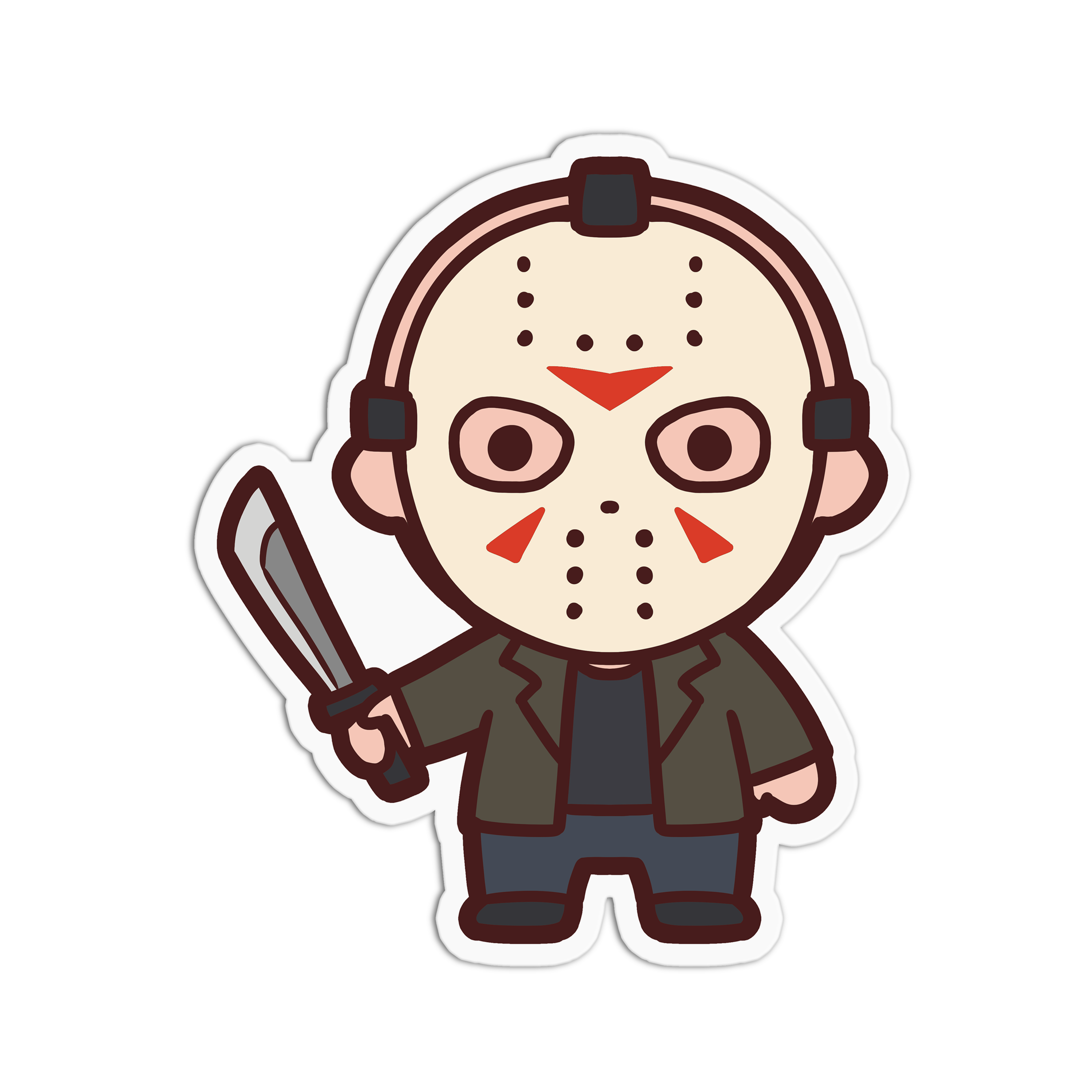 Cartoon character in a mask holding a knife on a white background