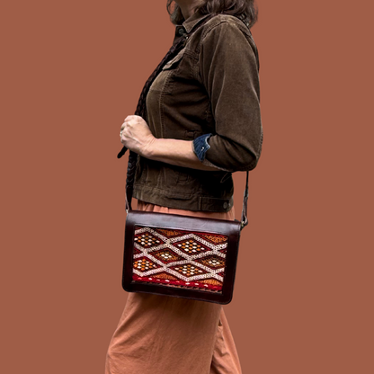 Leather &amp; Kilim Crossbody Bag – Handmade in Morocco from Full-Grain Vegetable-Tanned Leather