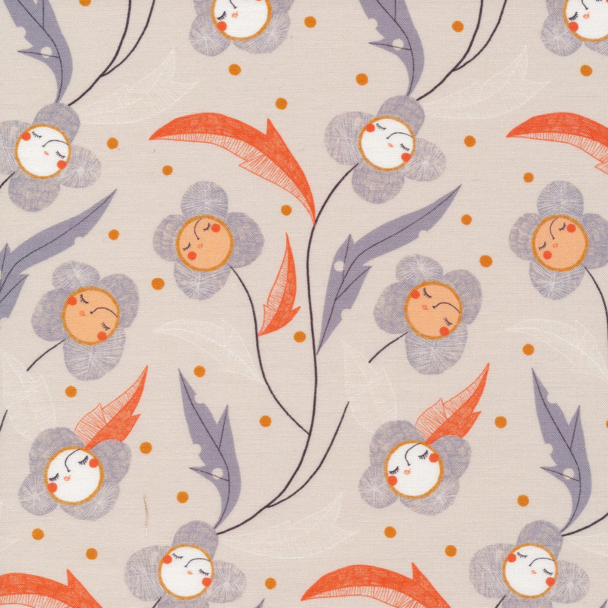 off white background with gray and orange flower detail. flowers are stylized and smiling.