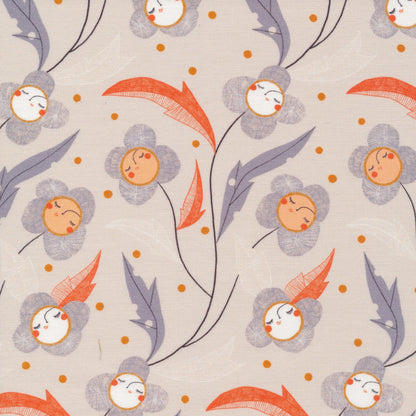 off white background with gray and orange flower detail. flowers are stylized and smiling.
